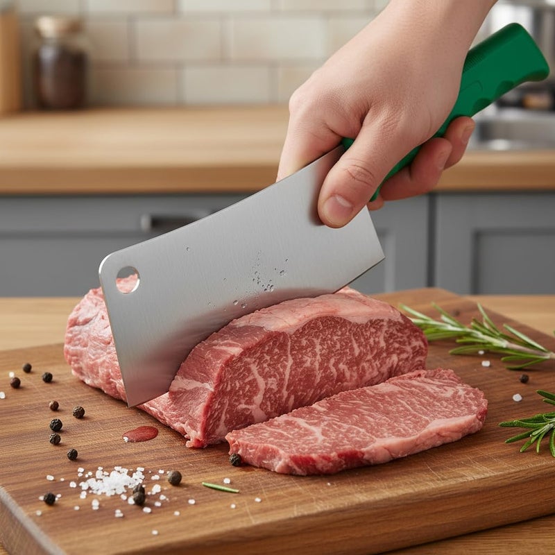 Kitchen Master 7 Inch Stainless Steel Meat Cleaver - Heavy-Duty Butcher Chopping Knife (Green) - Image 4